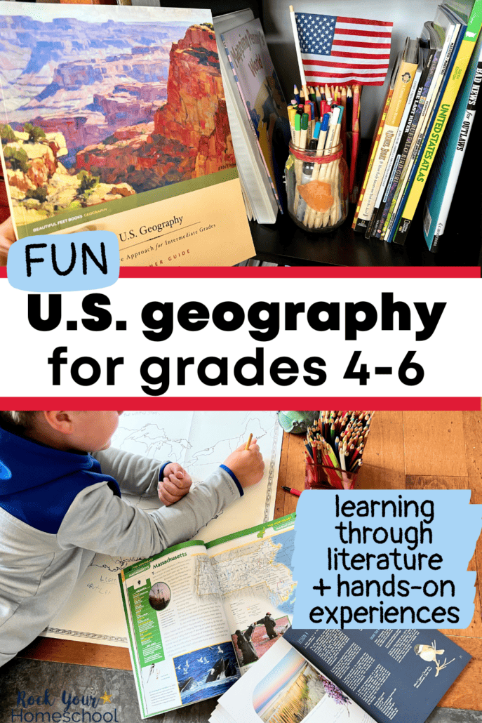 Woman holding teacher guide for U.S. geography homeschool curriculum for grades 4-6 from Beautiful Feet Books with resources from this pack, color pencils, and American flag and boy using color pencil to work on map with atlas.