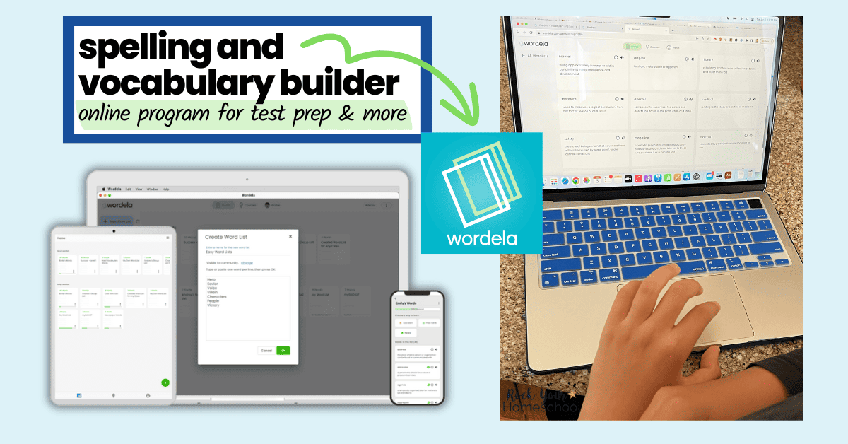 Mock-up of Wordela Homeschool custom word list on desktop, tablet, and smartphone and tween boy using laptop to use this vocabulary builder.