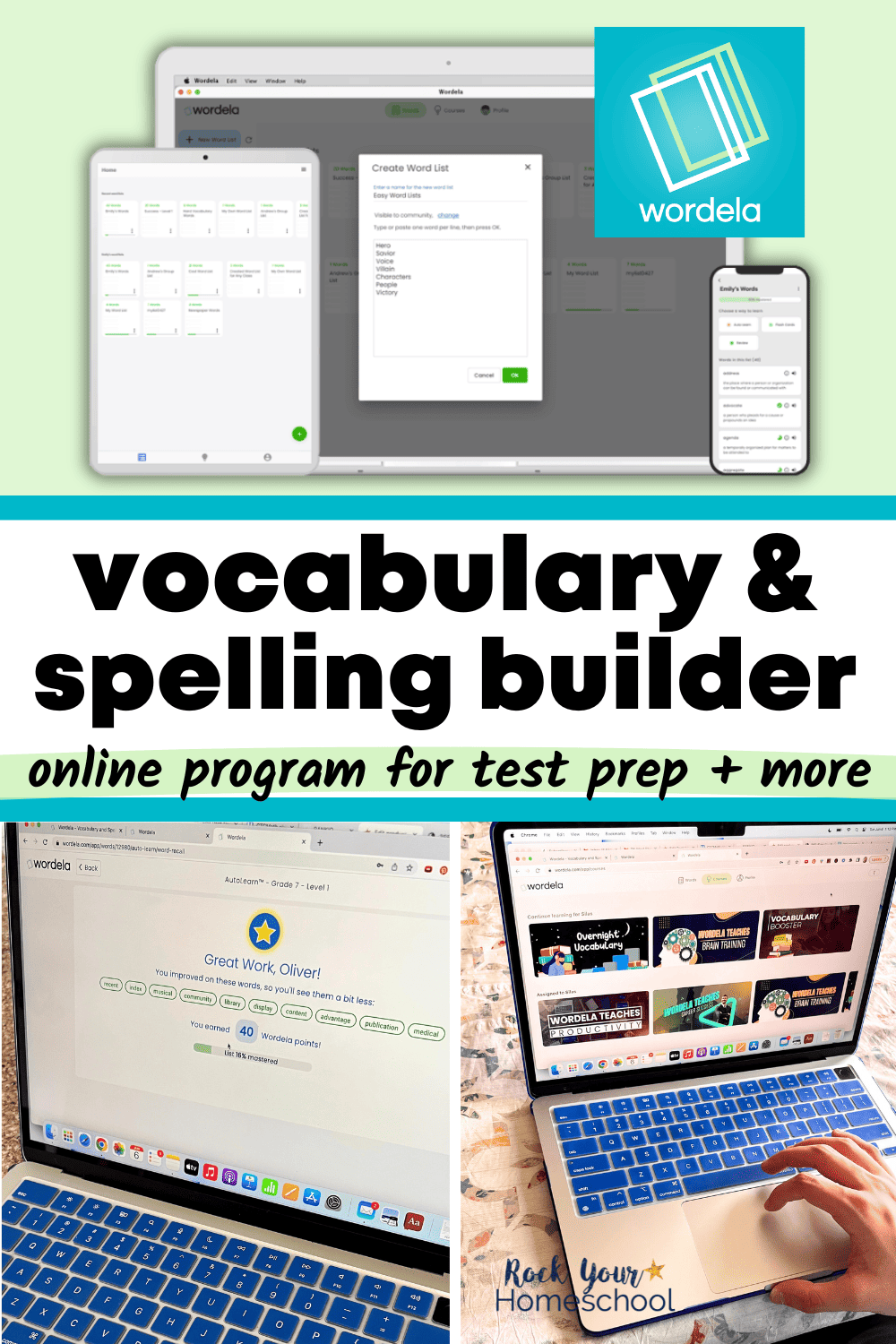Mock-up of Wordela Homeschool on desktop, tablet, and smartphone and teen boy working on spelling and vocabulary builder.