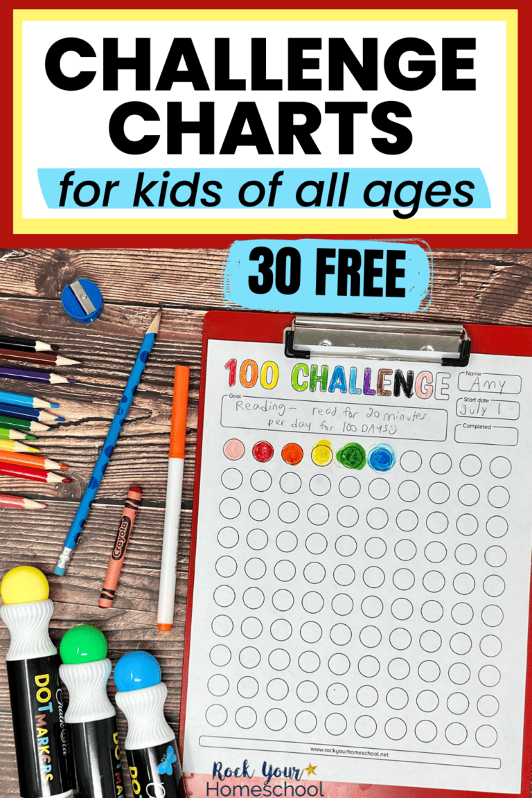 challenge chart with circles on red clipboard with color pencils, dot markers, crayon, marker, pencil, and pencil sharpener.