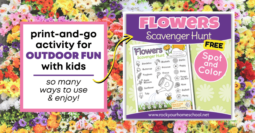 mock-up of free printable flower scavenger hunt with variety of flowers in the background.