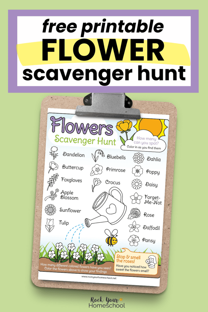 free printable flower scavenger hunt on brown clipboard.