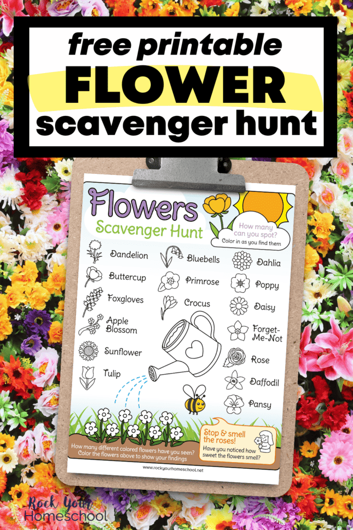 free printable flower scavenger hunt on brown clipboard with variety of flowers in background.