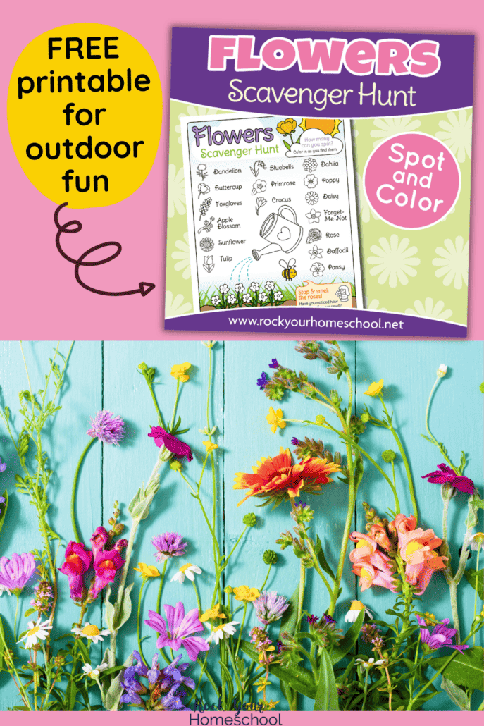mock-up of free printable flower scavenger hunt and variety of flowers on blue background.