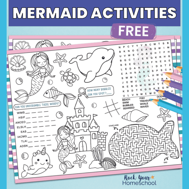 Mermaid activities placemat with color pencils.