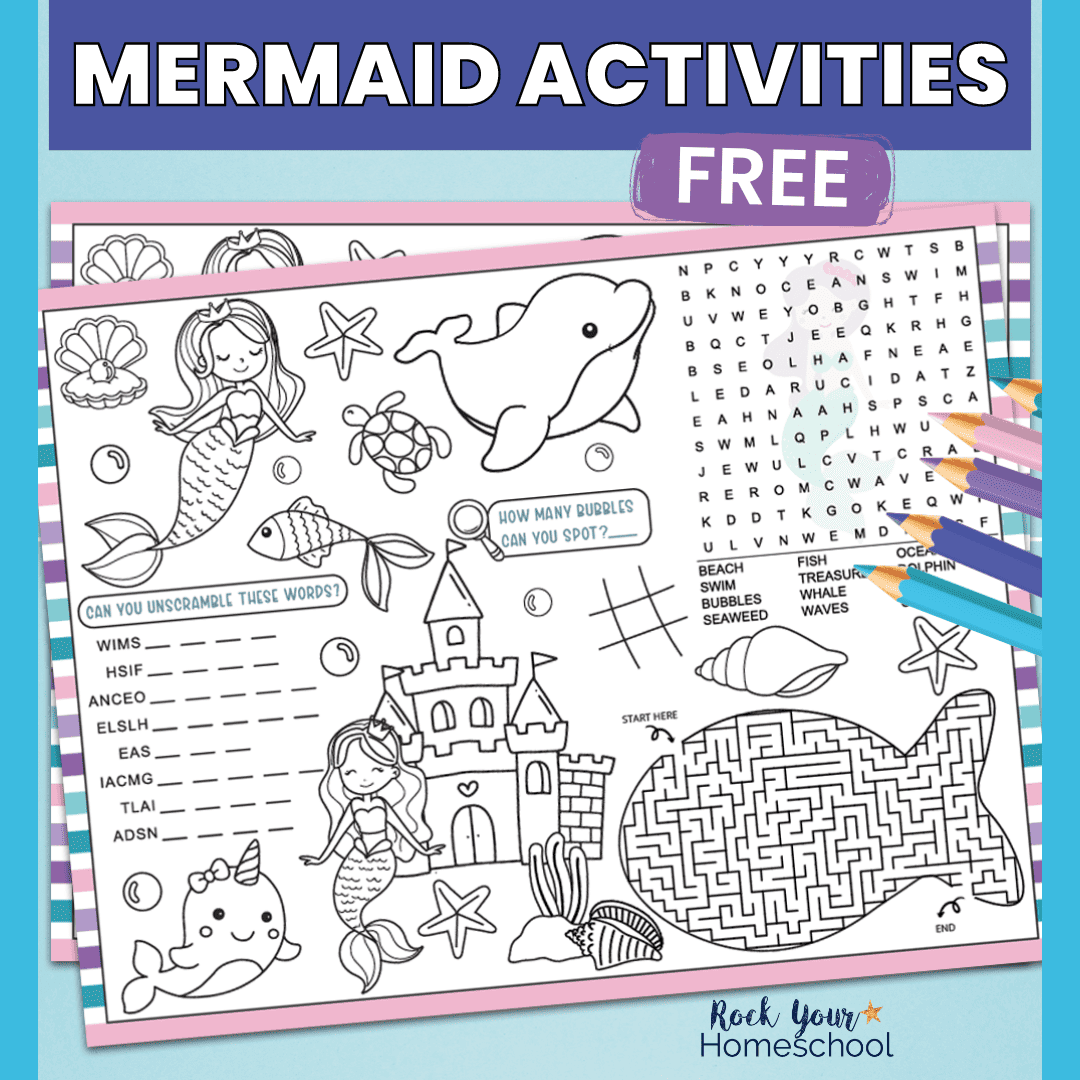 Mermaid activities placemat with color pencils.