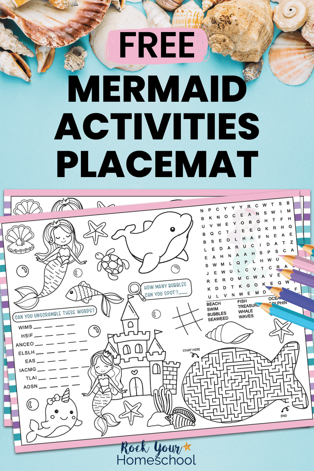 Free printable mermaid activities placemats on blue background with shells.