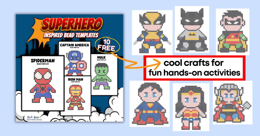 10 examples of free superhero perler bead patterns featuring Spiderman, Captain America, Iron Man, Hulk, Wolverine, Batman, Robin, Superman, Wonder Woman, and Thor.
