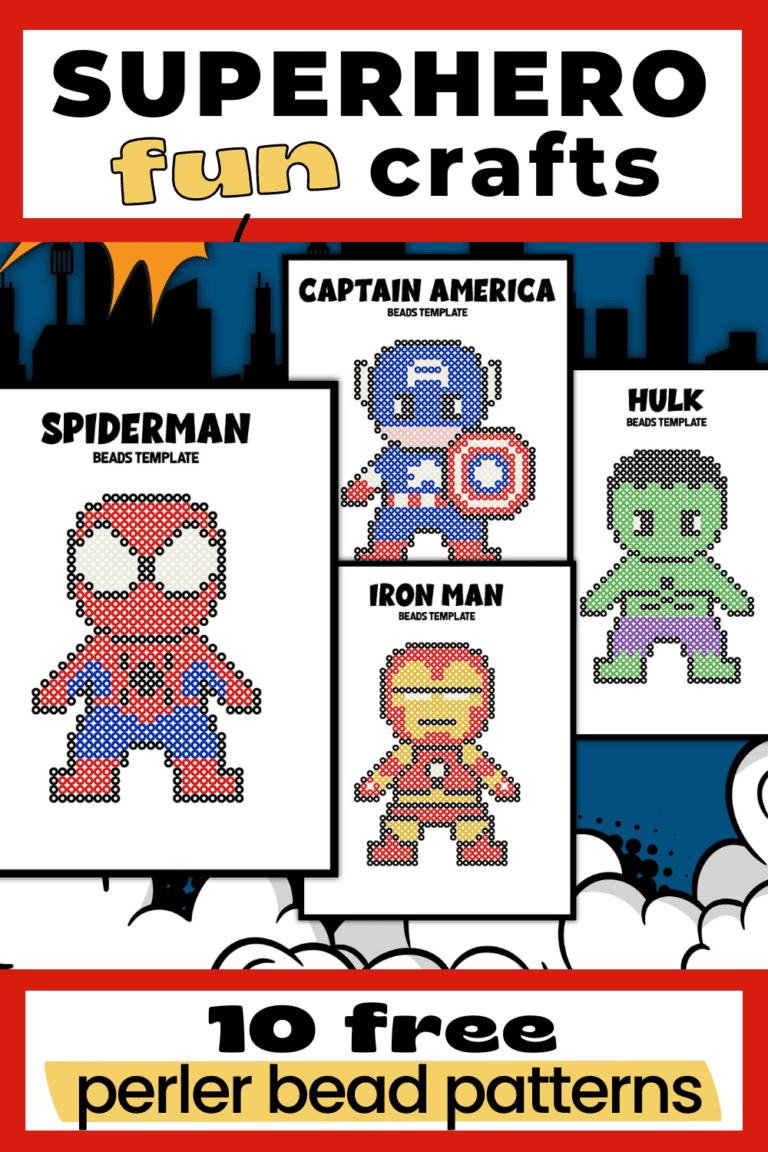 4 examples of free printable patterns of superhero perler bead crafts featuring Spiderman, Captain America, Hulk, and Iron Man.