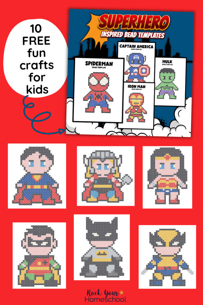 10 examples of superhero perler bead crafts featuring Spiderman, Captain America, Hulk, Iron Man, Batman, Robin, Wonder Woman, Wolverine, and Thor.
