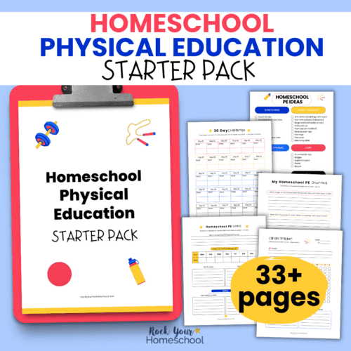Homeschool Physical Education Starter Pack cover and 5 pages of examples.