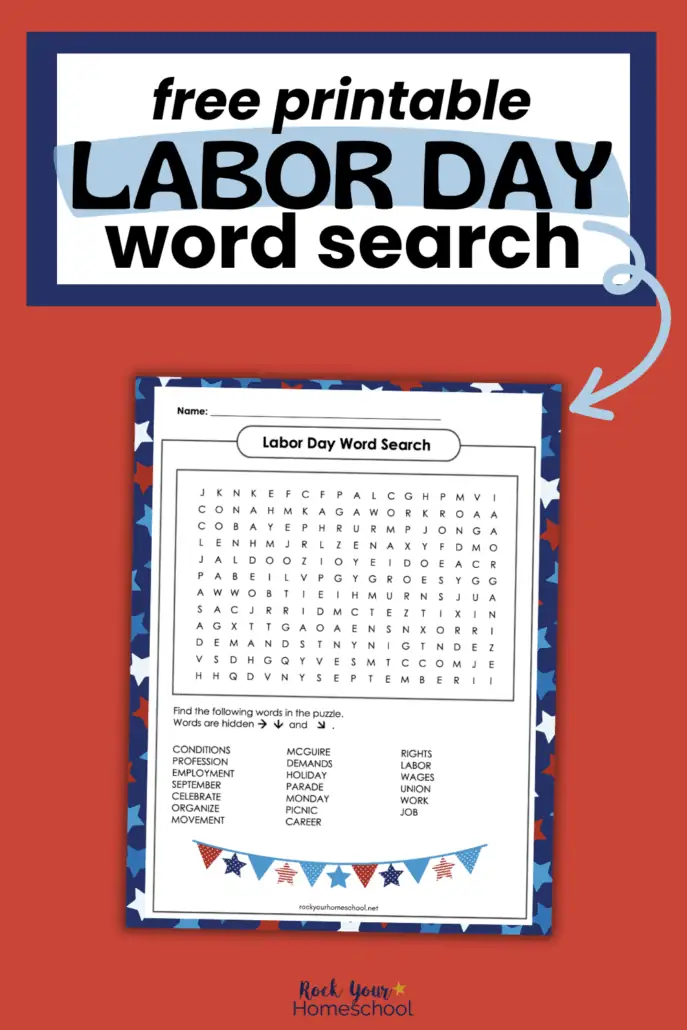 Labor Day word search example on red background.
