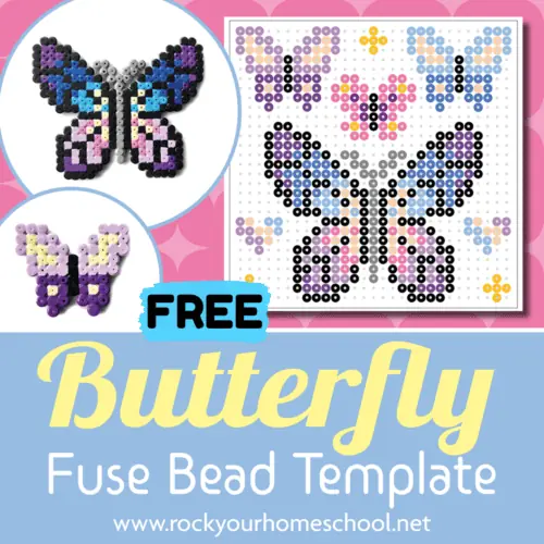 Butterfly perler bead pattern and 2 examples of the crafts.