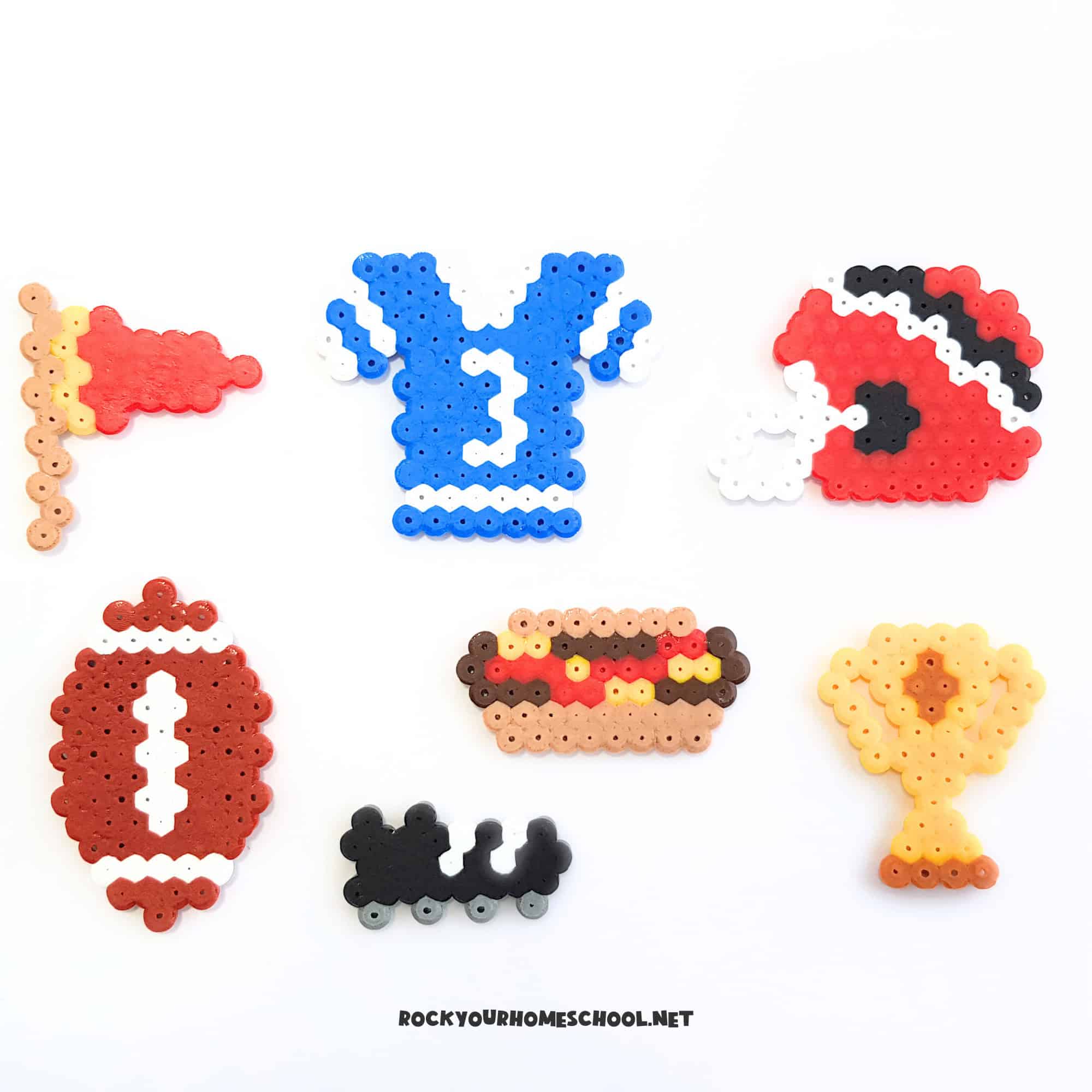 Examples of football perler bead crafts for kids with flag, jersey, helmet, football, cleats, trophy.