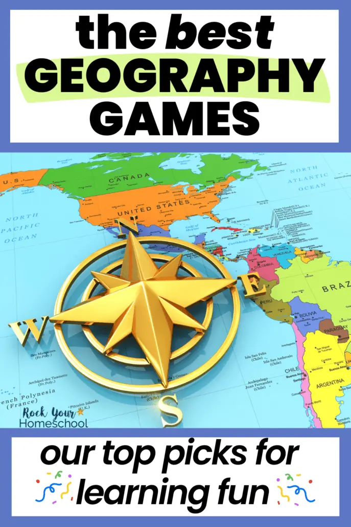 Compass rose on colorful world map to feature our top picks of geography board games.