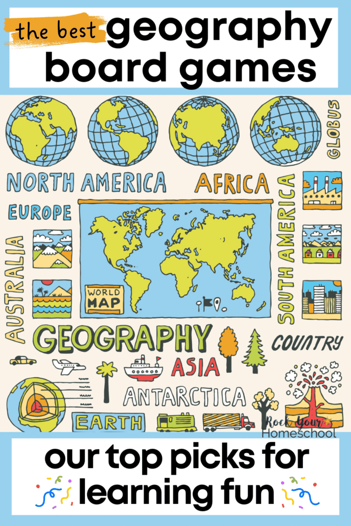 Colorful doodle drawings of geography themes to feature our top picks for geography board games.