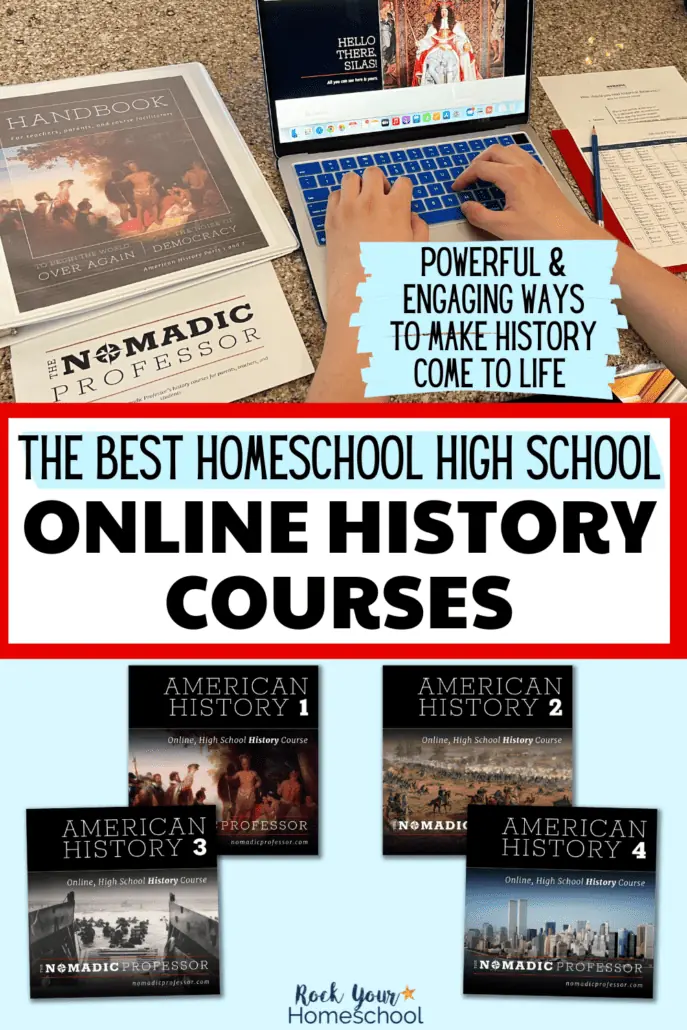 High school boy using laptop to work on The Nomadic Professor homeschool history online course and mock-up of the 4 American History courses.