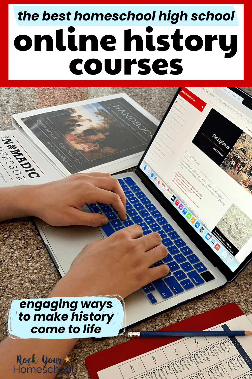 High school boy using laptop to work on homeschool history online course from The Nomadic Professor.