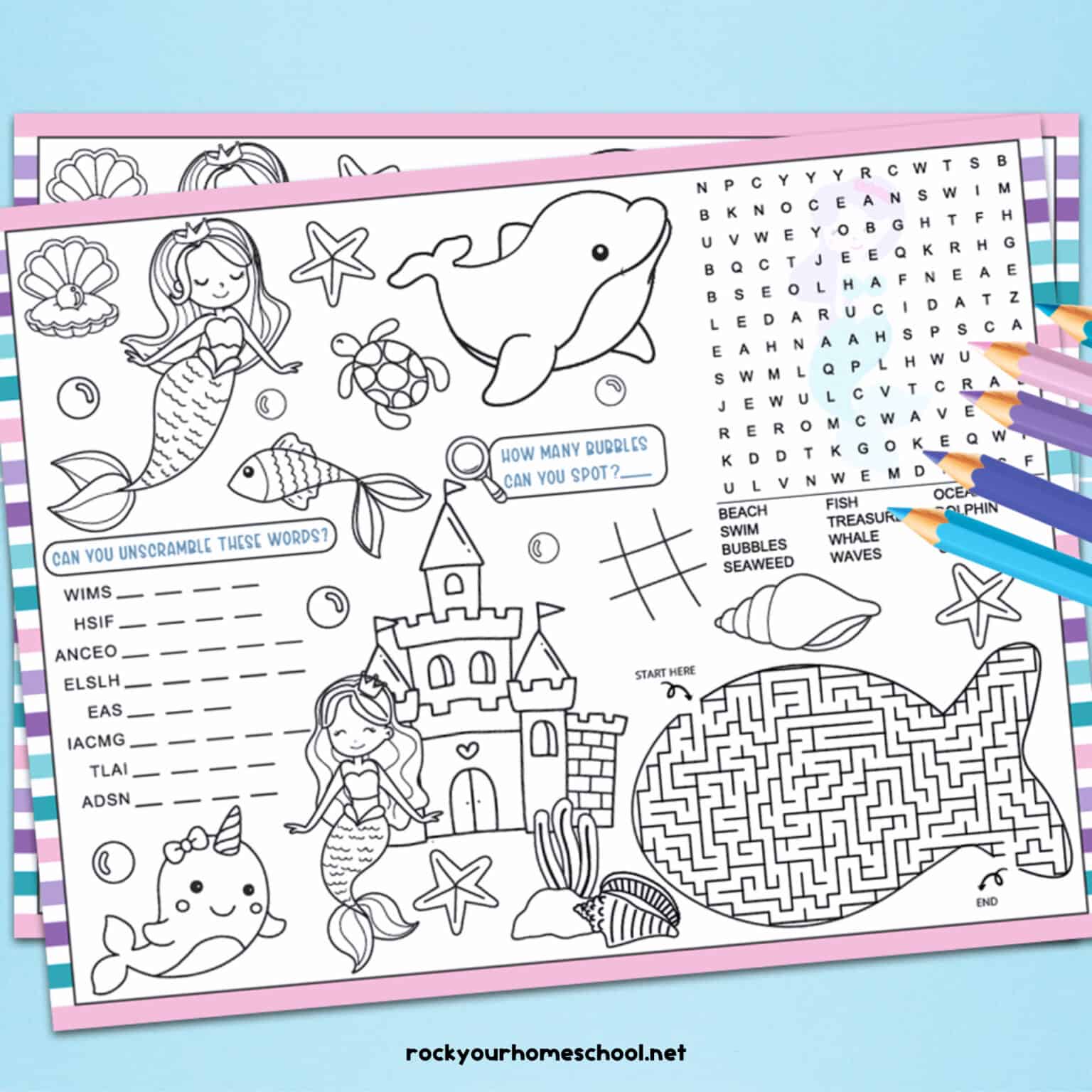 Free printable mermaid activities placemats on blue background with shells.