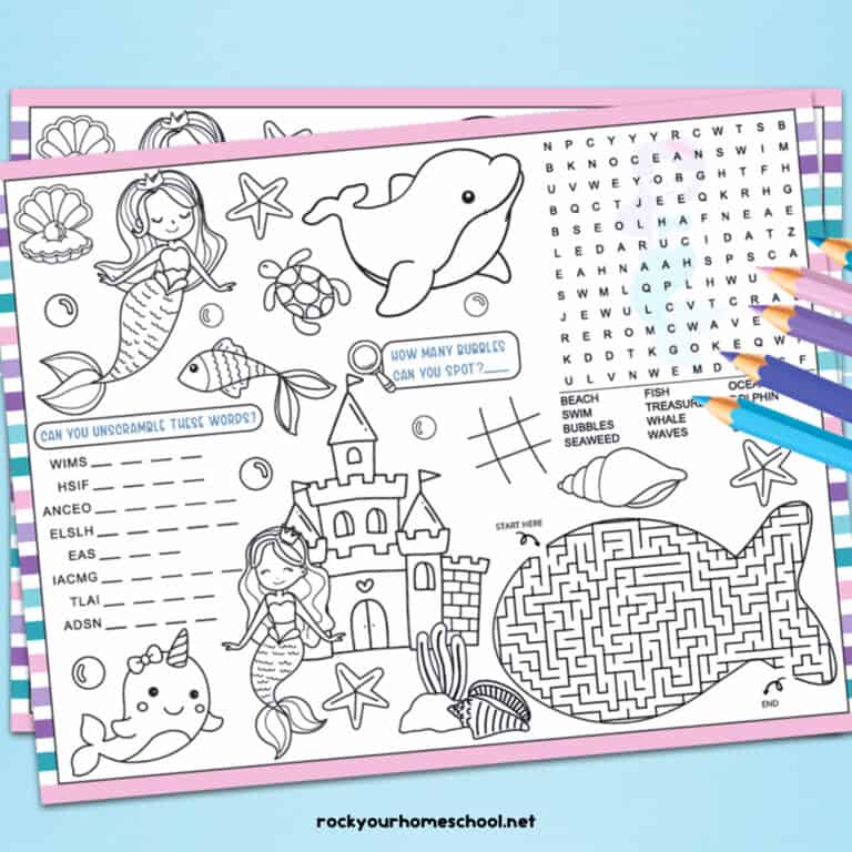 Free printable mermaid activities placemats on blue background with shells.