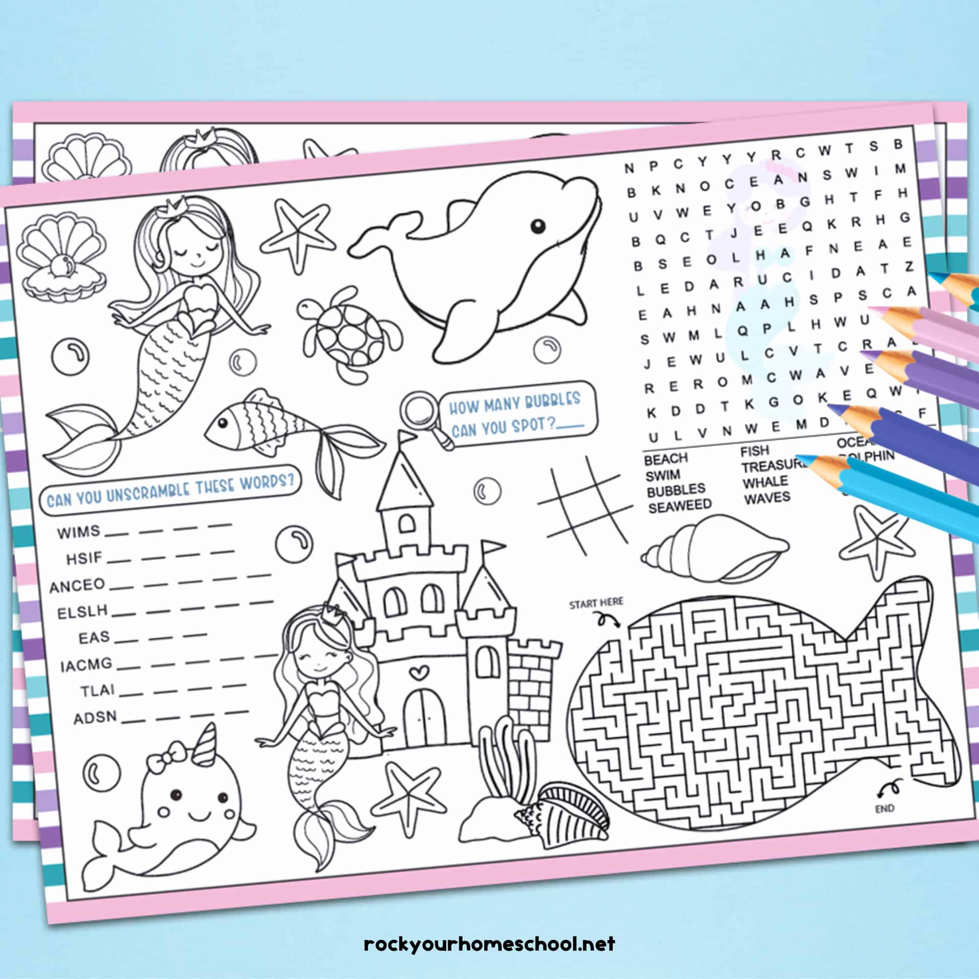 Free printable mermaid activities placemats on blue background with shells.