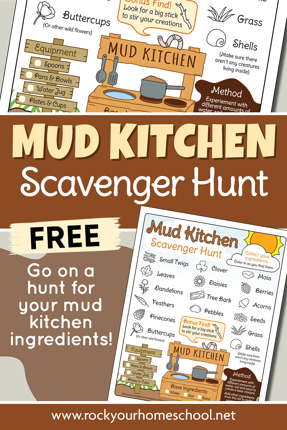 Mock-up of mud kitchen scavenger hunt printable.