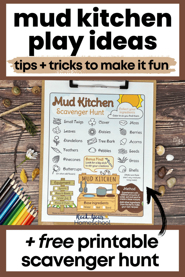 Mud Kitchen Play Ideas with Free Printable Scavenger Hunt