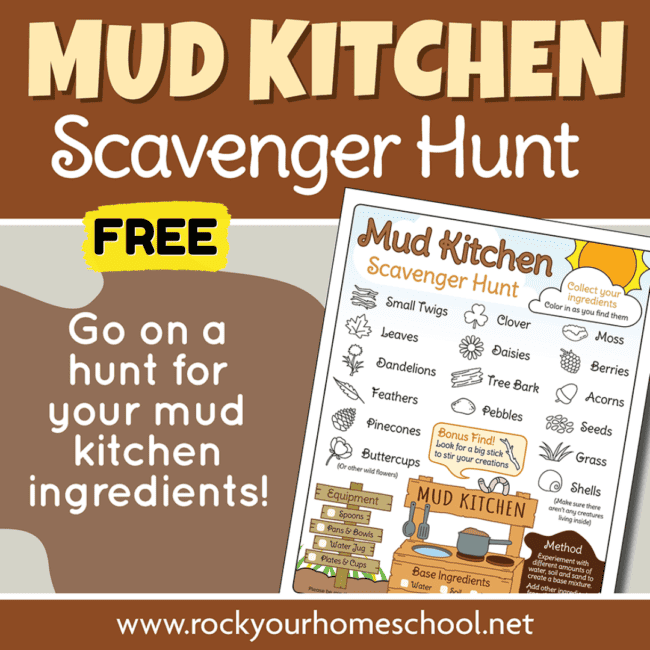 Free printable mud kitchen scavenger hunt with nature items to color in.