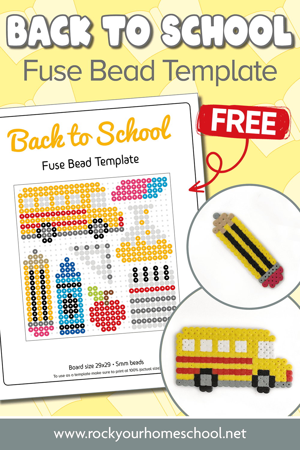 Example of back to school perler bead template page and 2 examples of the crafts - pencil and school bus.