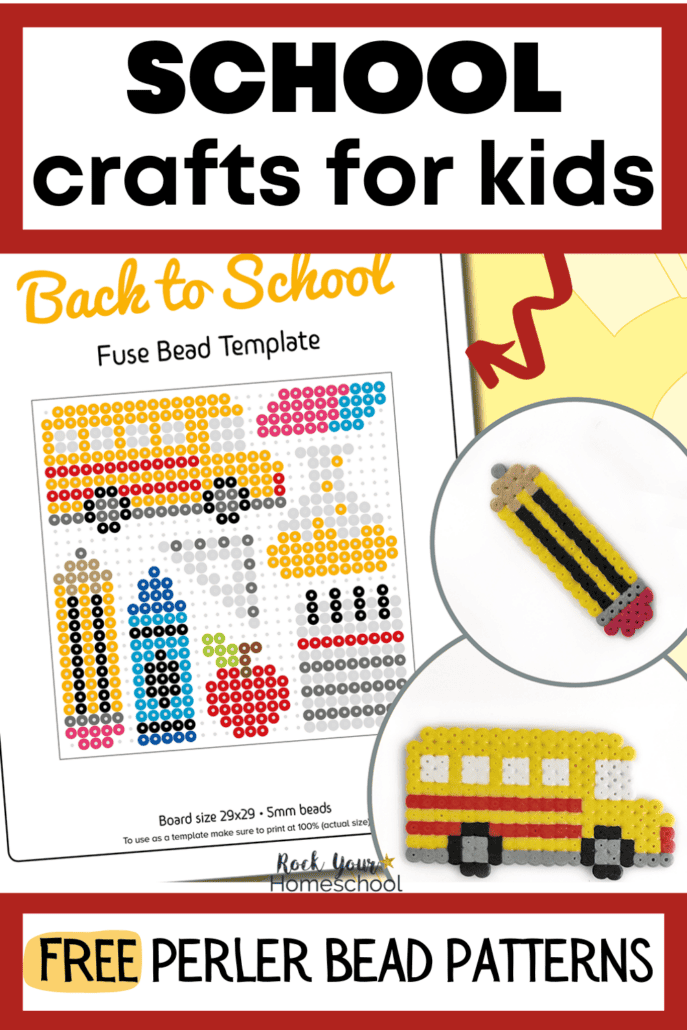 Example of Back to School perler bead template page and 2 examples of the crafts (pencil and school bus).