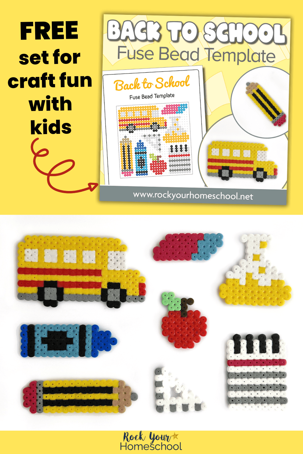 8 examples of school perler bead crafts including school bus, eraser, science lab beaker, notebook, triangle ruler, apple, pencil, and blue crayon.