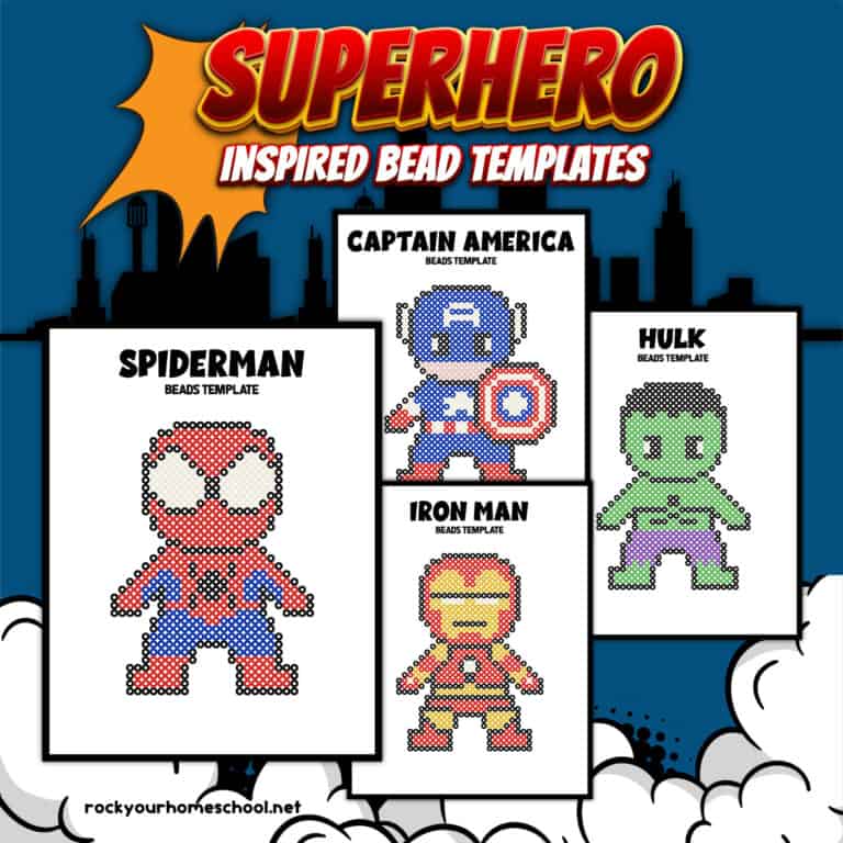 Four examples of superhero perler bead templates featuring Spiderman, Captain America, Hulk, and Iron Man.