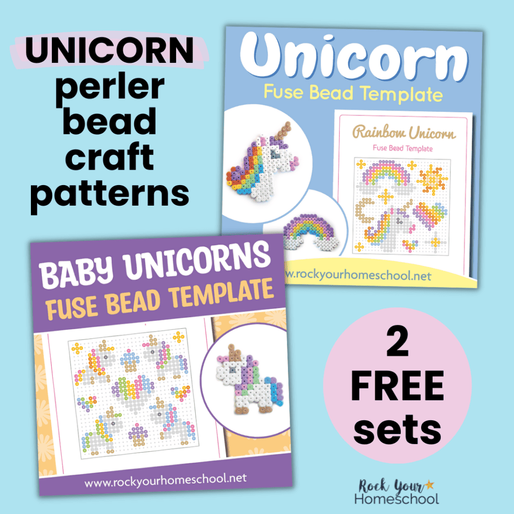 Free unicorn perler bead pattern sets with examples of rainbow unicorn head, rainbow, and baby unicorn.