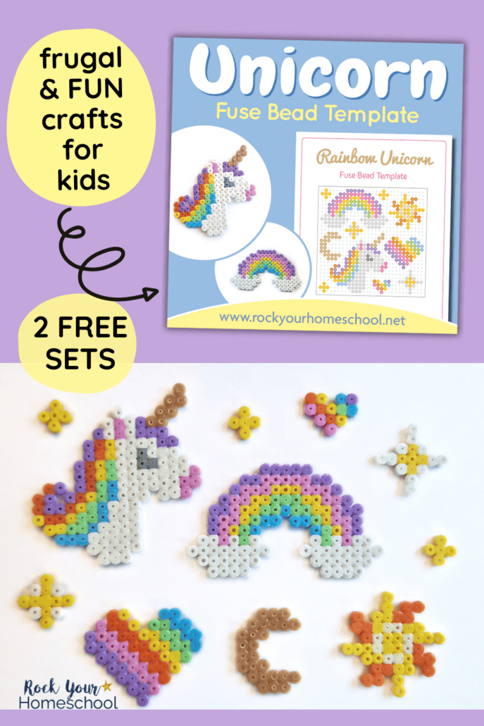 Mock-up of unicorn perler bead patterns with examples of stars, rainbow hearts, moon, sun, rainbow, and rainbow unicorn head.