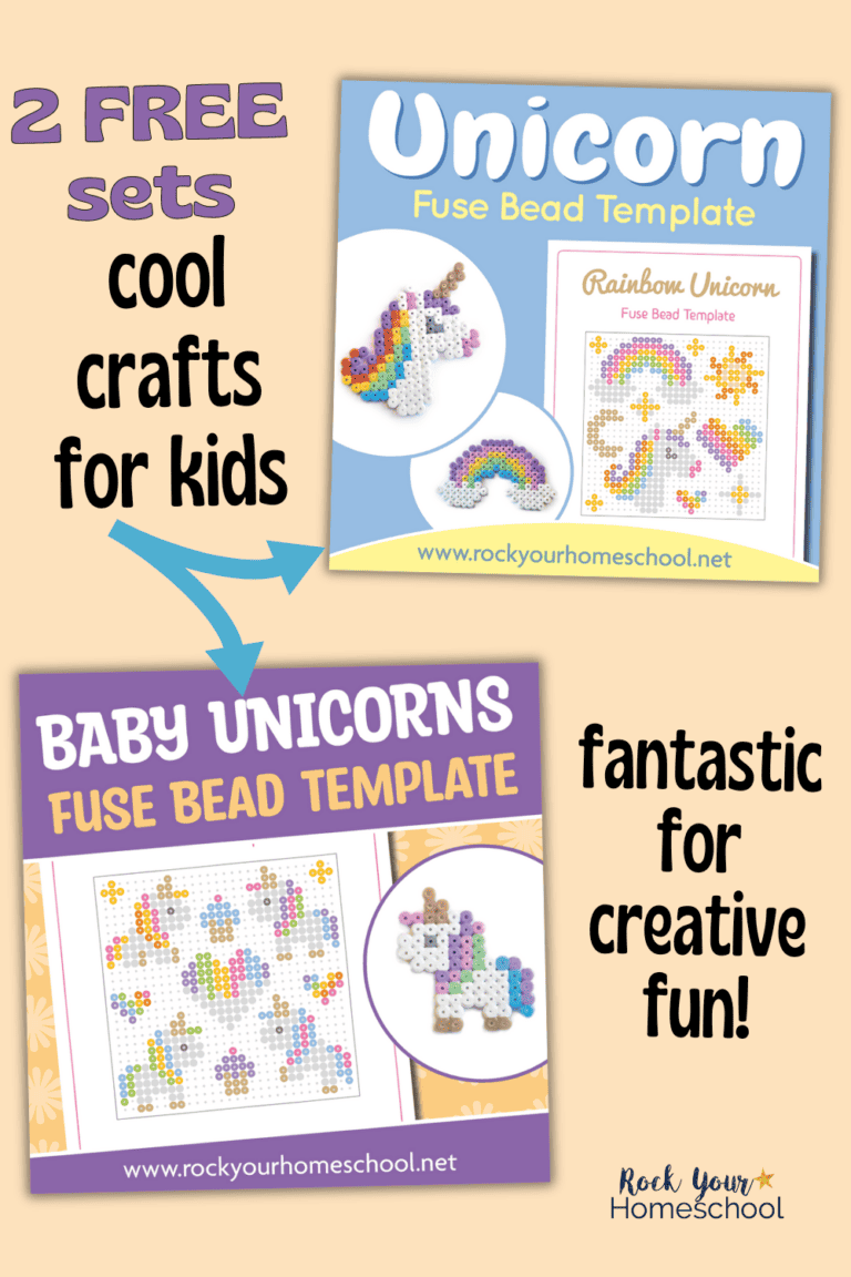 2 mock-ups of unicorn perler bead patterns with rainbow unicorn head, rainbow, and baby unicorn.