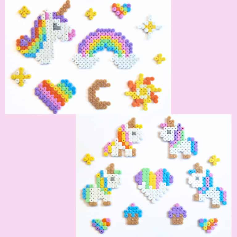 Examples of unicorn perler bead crafts with rainbow hearts, sun, moon, stars, and cupcakes.
