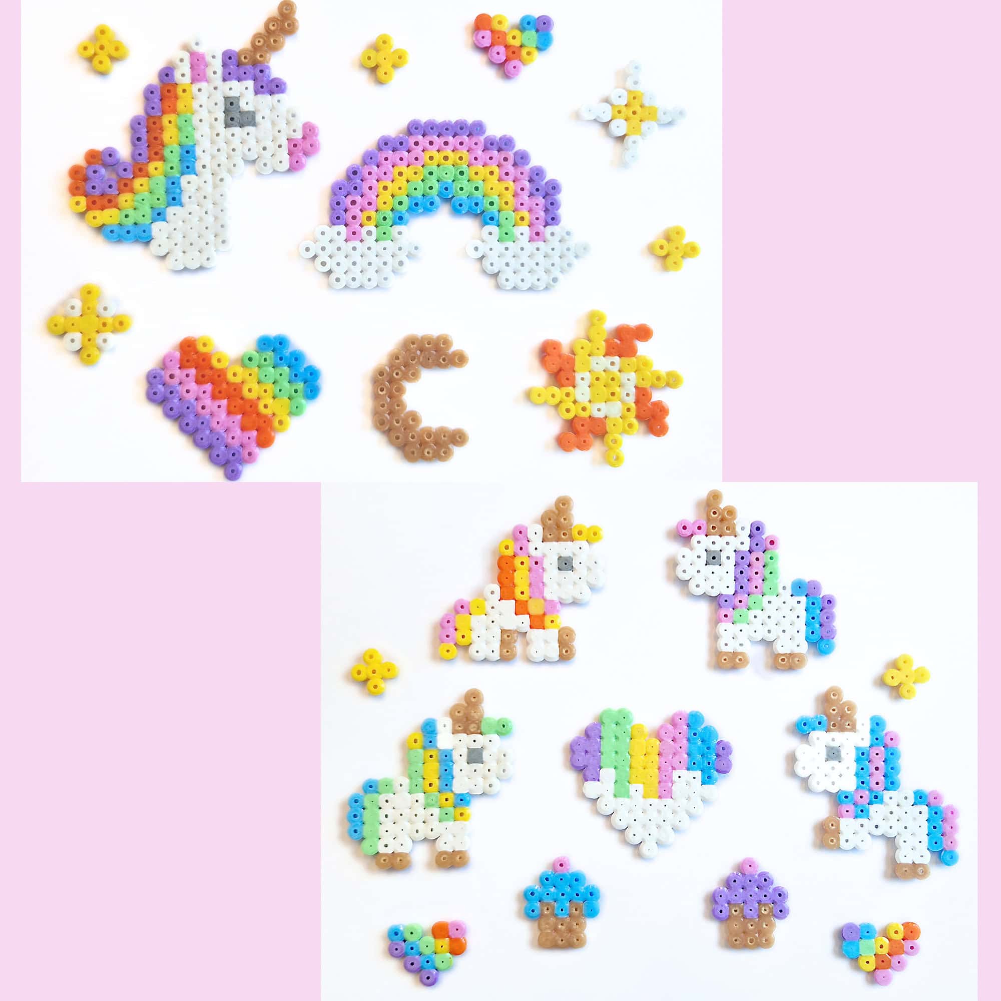 Examples of unicorn perler bead crafts with rainbow hearts, sun, moon, stars, and cupcakes.