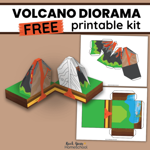 Mock-up of free printable volcano diorama kit.