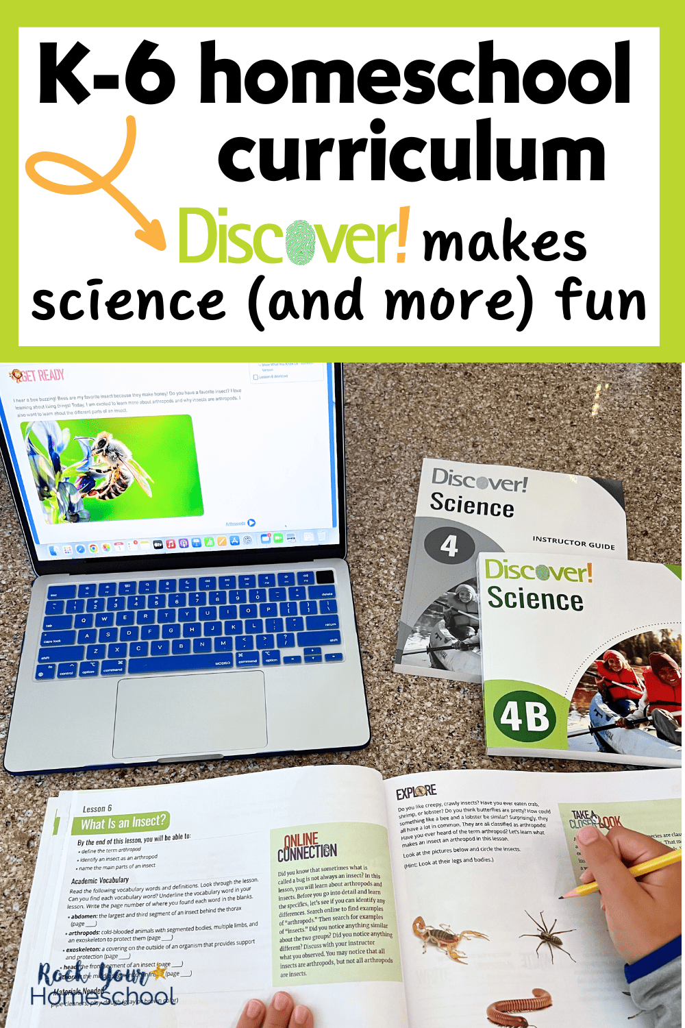 Boy holding pencil while working in Discover! K-6 homeschool curriculum worktext with laptop and other books in background.