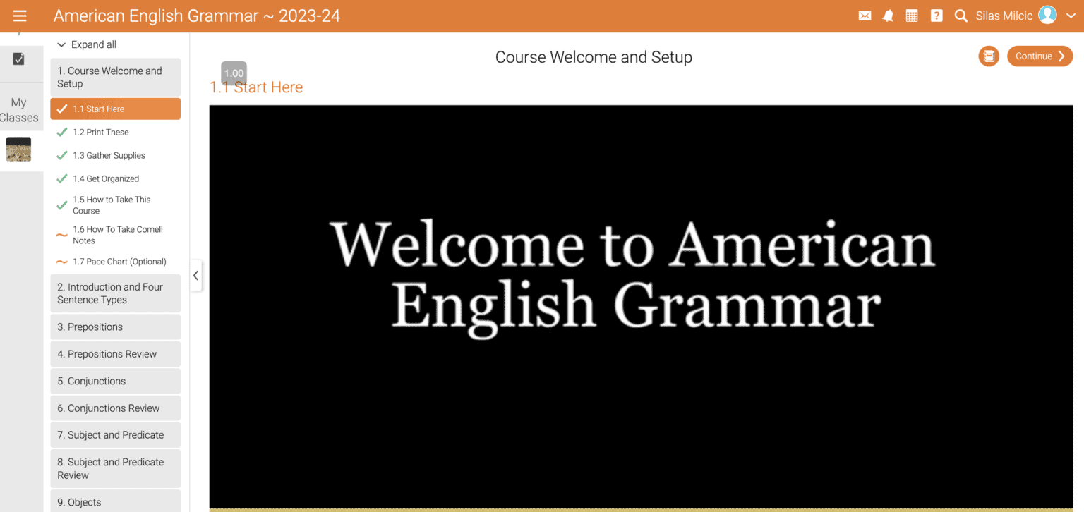 Screenshot of Mr. D Math American English Grammar Course Welcome and Setup page and video.