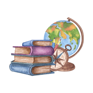 Watercolor books, compass, and globe to feature homeschool learning fun.
