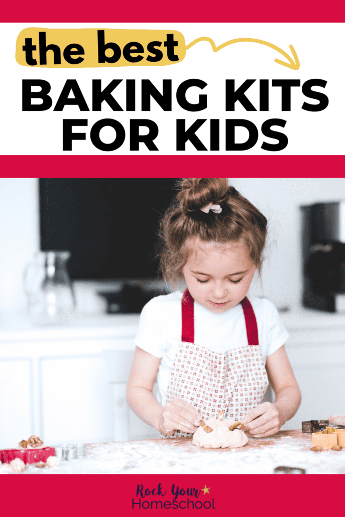 Young girl in the kitchen wearing an apron an adding nuts to dough to feature the best baking kits for kids.