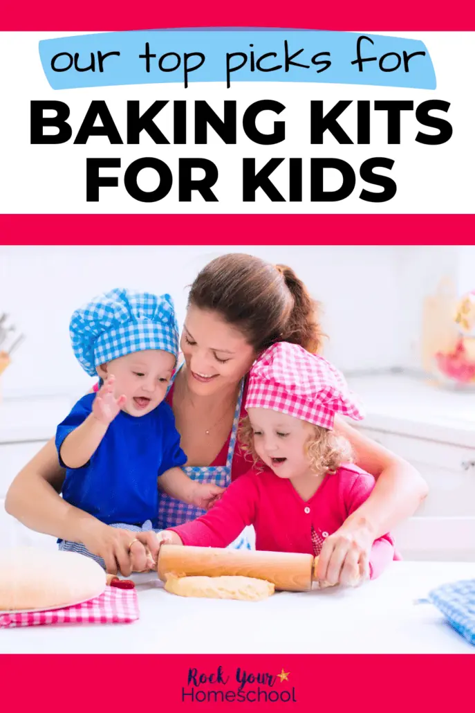 Mom with son and daughter as they work in kitchen with rolling pin to feature our top picks for baking kits for kids.