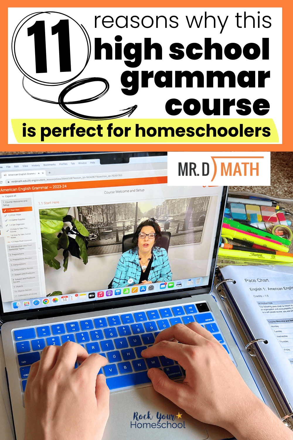 Teen boy using laptop to work on video lesson for this high school grammar course from the team of Mr. D Math.