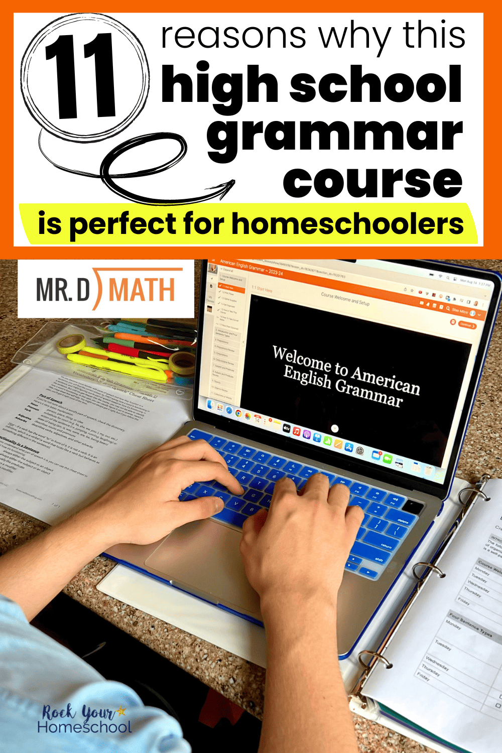 Teen boy using laptop and binder with printables to work on this high school grammar course from the team of Mr. D Math.