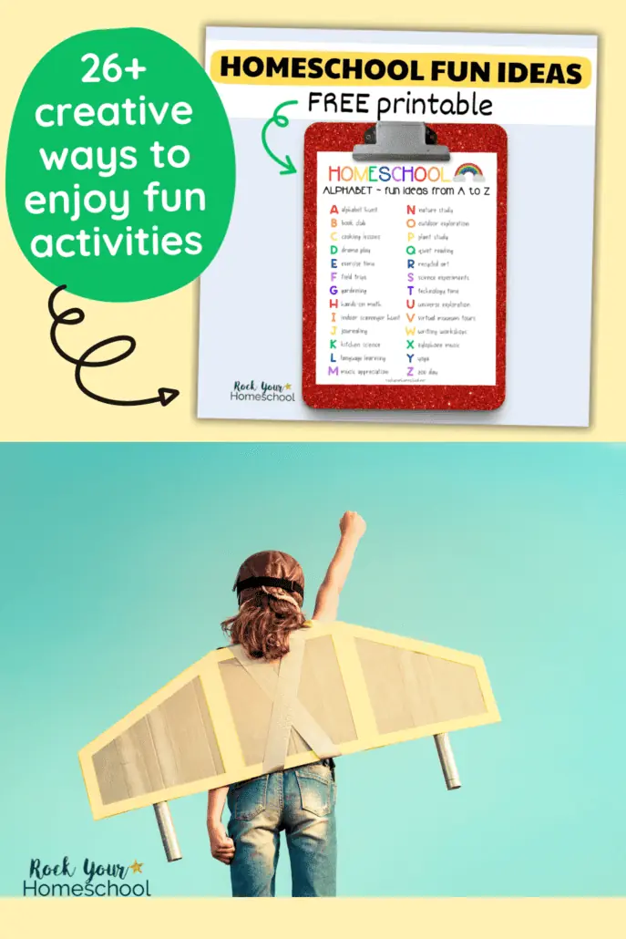 Mock-up of free printable list of homeschool fun ideas on red clipboard and child wearing cardboard wings for creative play.