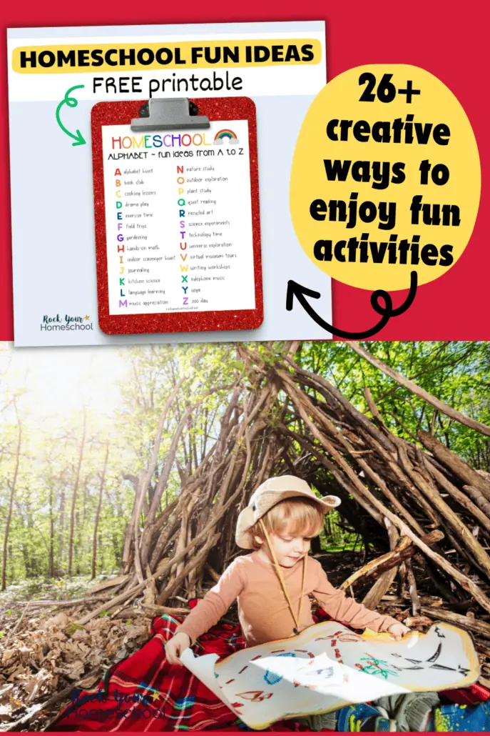 Mock-up of free printable list of homeschool fun ideas on red clipboard and boy using map while playing in a tent made of sticks in the woods.