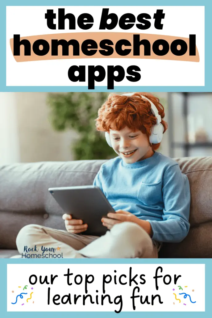 Young boy wearing headphones and using tablet while sitting on couch to feature these homeschooling apps.
