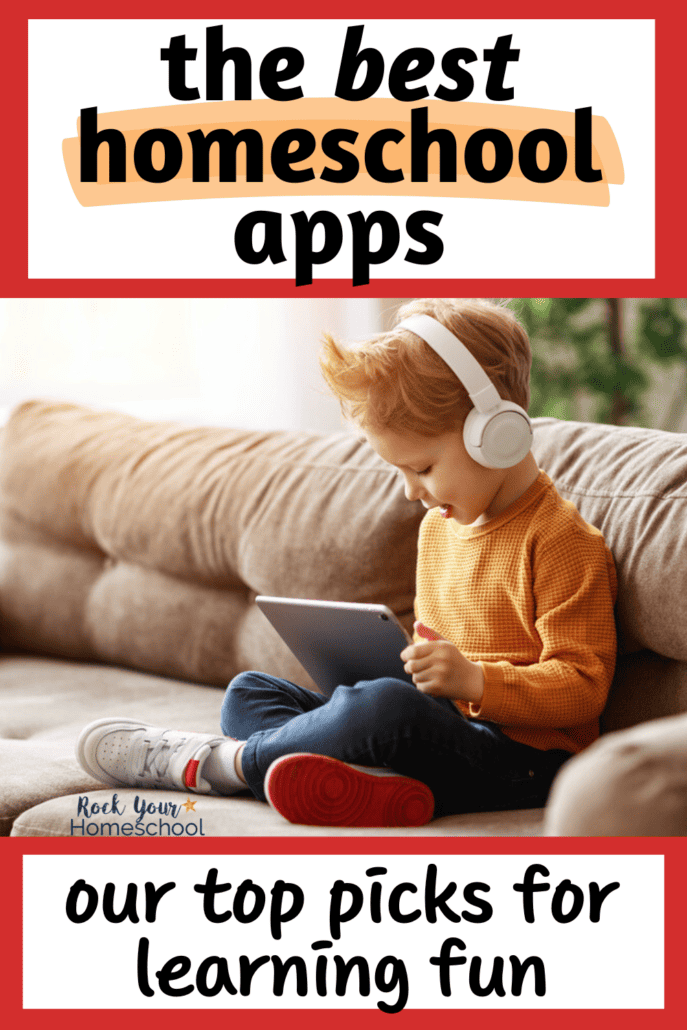 Young boy using tablet and wearing headphones while sitting on couch to feature these homeschooling apps.