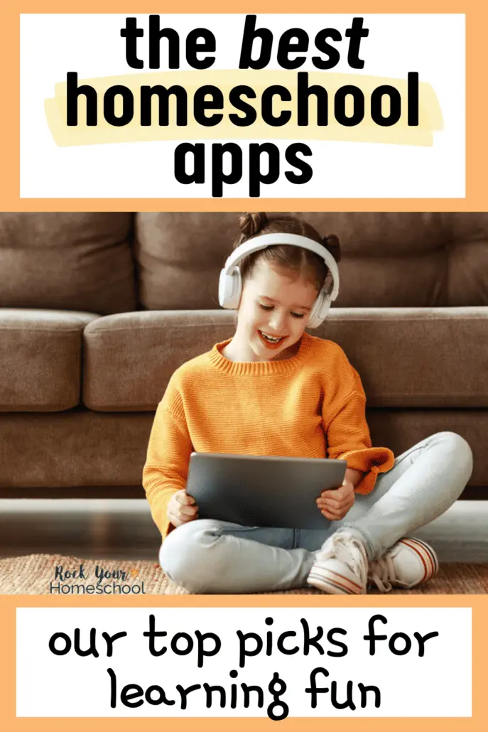 Young girl smiling and wearing headphones as she sits on the floor using a tablet to feature the best homeschooling apps.